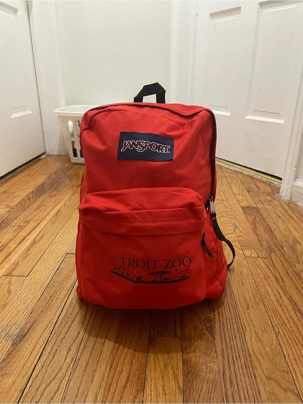 Jansport Red Backpack with Front Pocket and Detroit Zoo Print
